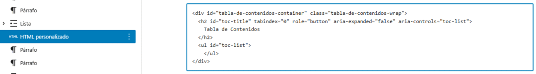 Añadiendo código HTML para la tabla de contenidos en el editor de bloques de WordPress