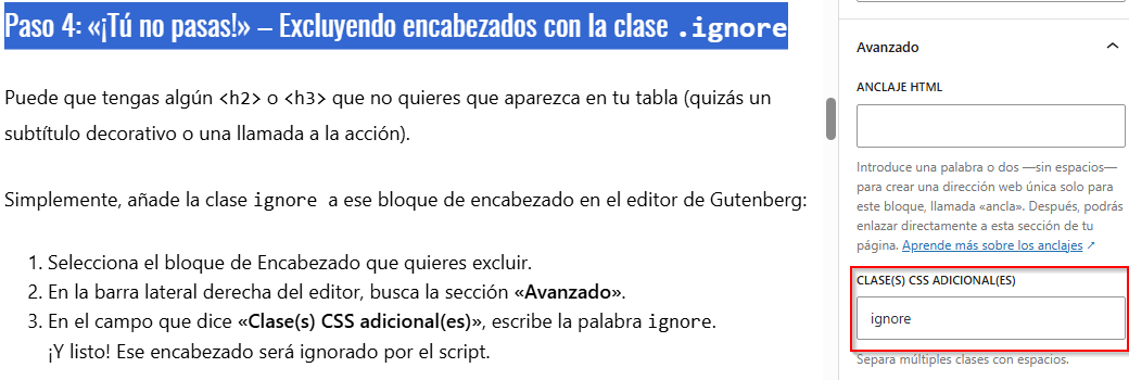 Añadiendo la clase CSS 'ignore' a un bloque de encabezado en WordPress Gutenberg para excluirlo de la tabla de contenidos.