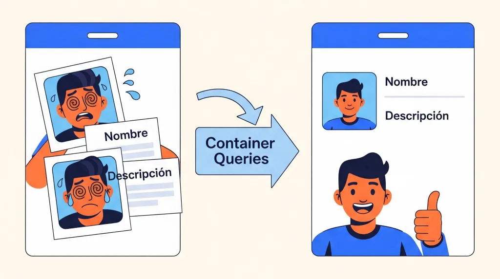 Comparativa visual entre un componente CSS estresado y un componente feliz gracias a las container queries