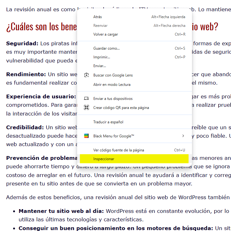 Usando el inspector del navegador para encontrar el selector CSS del contenido de una entrada en WordPress.