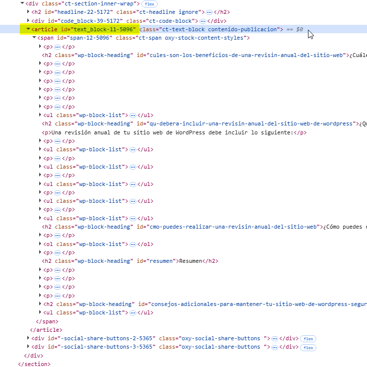 Usando el inspector del navegador para encontrar el selector CSS del contenido de una entrada en WordPress.