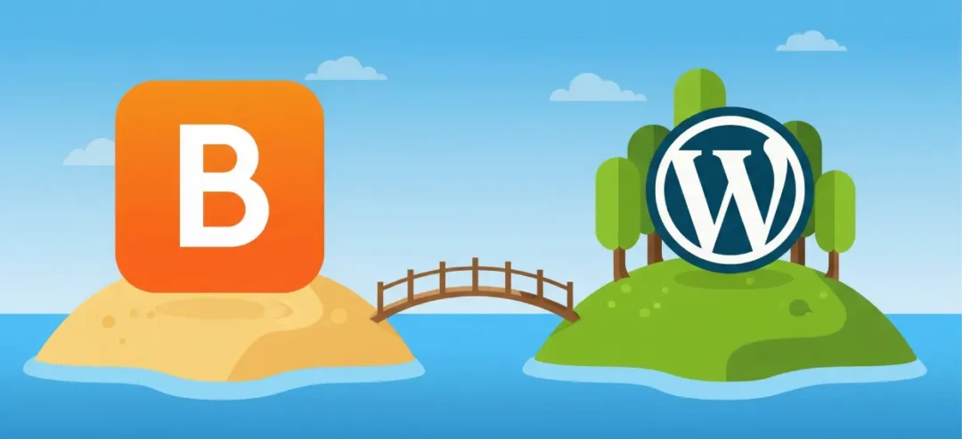 Puente conectando la plataforma Blogger con la plataforma WordPress, simbolizando la migración.