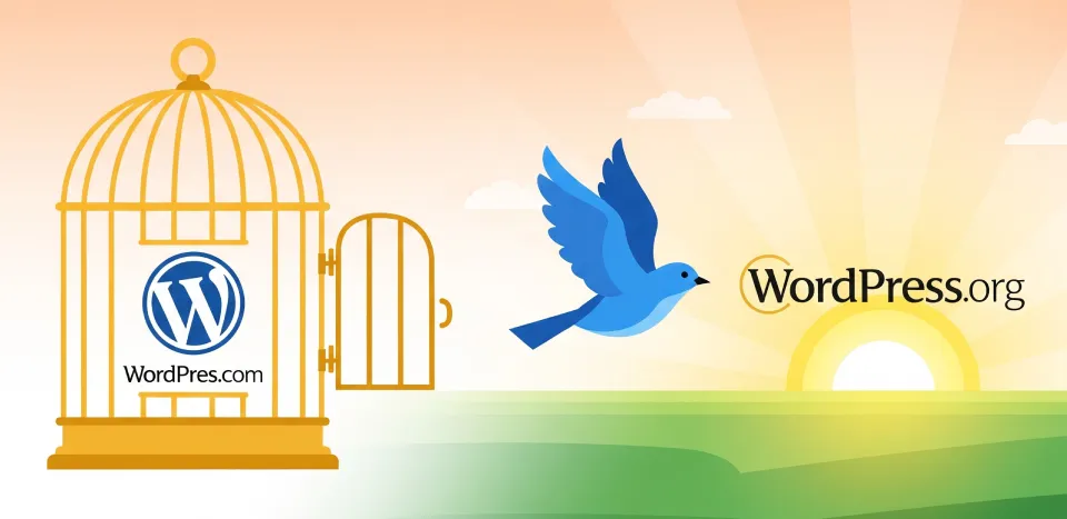 Un pájaro vuela libre desde una jaula de WordPress.com hacia un mundo abierto de WordPress.org