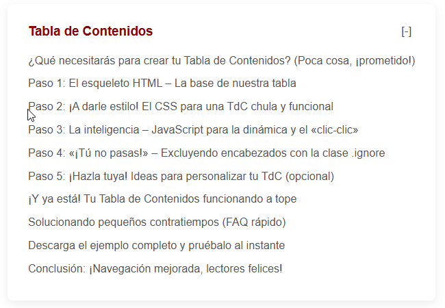Ilustración de una tabla de contenidos funcional y bien diseñada integrada en un artículo de blog.